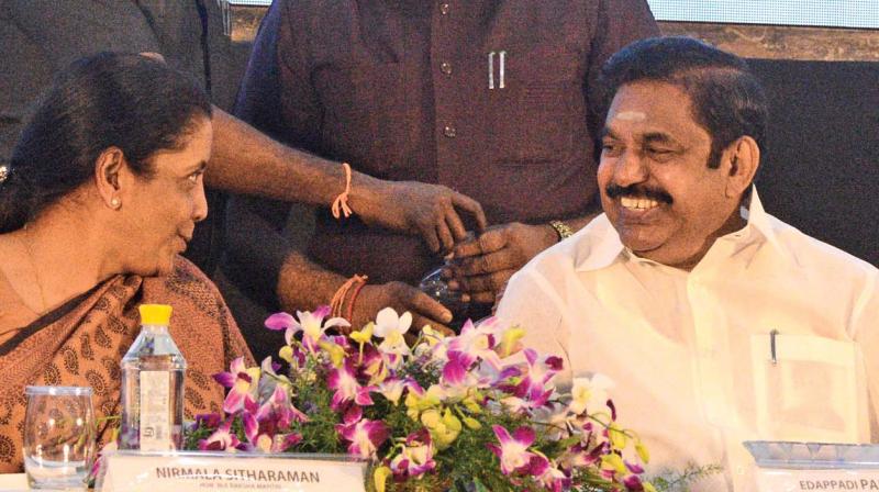 CM Edappadi K. Palaniswami shares a lighter moment with Defence Minister Nirmala Sitharaman during the inauguration of two-day Defence Ministry Development Meet on Thursday. (Photo: DC)