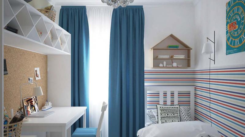 Clean lines, and not too much clutter is key - img blue curtain