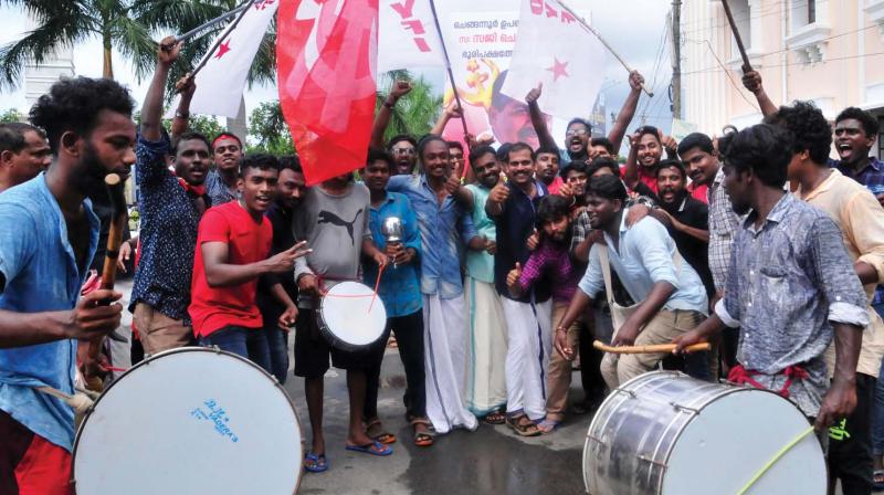 CPM workers celebrate victory of  Saji Cheriyan at Palayam in Thiruvananthapuram on Thursday. (Photo: DC)