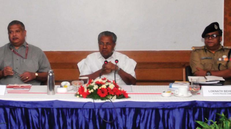 Chief Minister Pinarayi Vijayan , Chief Secretary Paul Antony and Kerala Police chief Loknath Behra during the meeting with former chief secretaries and  DGPs ­n Thiruvananthapuram on Thursday . (Photo: A V MUZAFAR )
