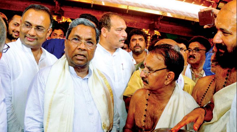 Siddaramaiah Former CM Siddaramaiah at Polali Sri Rajarajeshwari temple near Mangaluru on Sunday. (Image KPN)