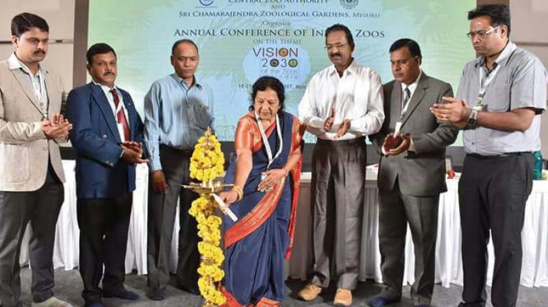 Zoo Authority of Karnataka Chairperson Mallige Veeresh inaugurates the conference on Indian zoos in Mysuru on Monday. (Photo: DC)