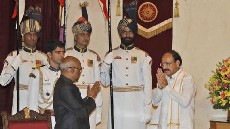 President Ram Nath Kovind administering the oath of office and secrecy to Venkaiah Naidu as Indias Vice President in the Durbar Hall of Rashtrapati Bhawan in New Delhi on Friday. (Photo: PTI)
