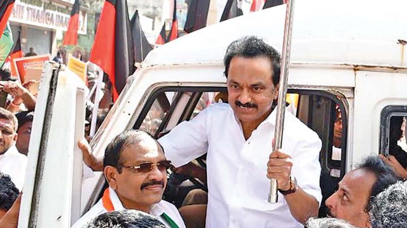 DMK president M.K. Stalin stages protest against bus fare hike in Chennai on Monday (Photo: DC)