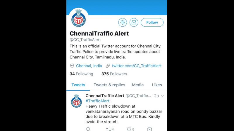 The account, ChennaiTrafficAlert (@CC_TrafficAlert) went live from Friday posting updates about traffic movement in various parts of the city.
