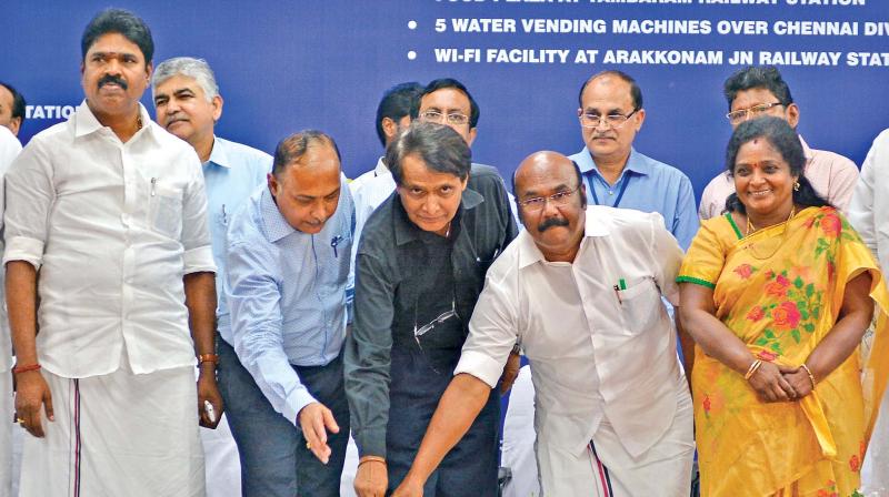 Union railway minister Suresh Prabhu inaugurates a slew of projects at Chennai Central railway station on Saturday. Minister Jayakumar and BJP state president Tamilisai Soundararajan also seen. (Photo: DC)