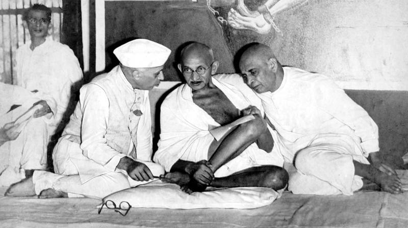 Jawaharlal Nehru, Mahatma Gandhi and Sardar Vallabhbhai Patel at the All India Congress Committee meeting in what was then Bombay in 1946.