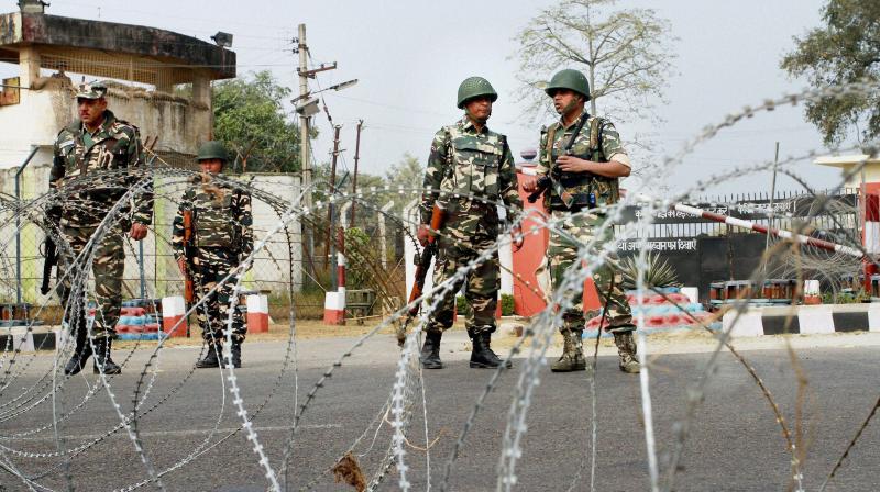 Army personnel stand guard at 16 Corps headquarters during the search operations following Nagrota Army camp attack, in Jammu. (Photo: PTI)