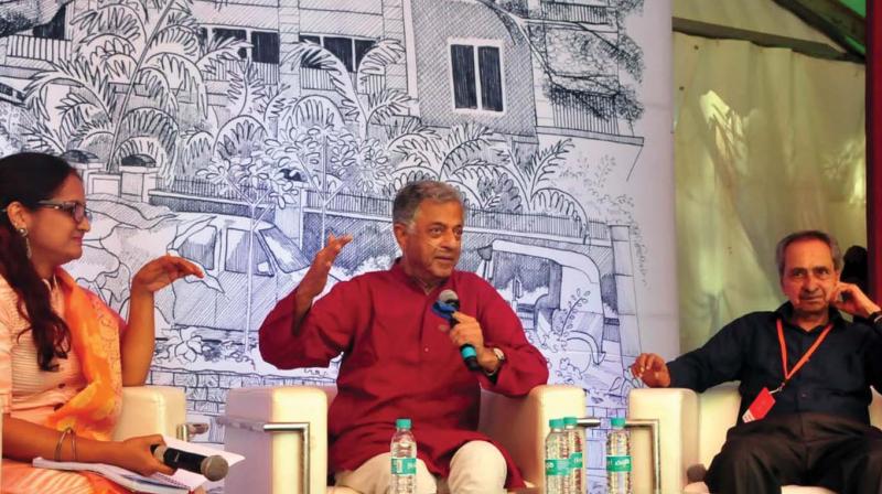 (C) Girish Karnad and C.N. Ramachandran (R) with Deepa Ganesh at a discussion, crossing to Hampi: A Dramatic Exploration of the Vijayanagara Catastrophe at the Bangalore Literature Festival, in Bengaluru on Sunday 	KPN