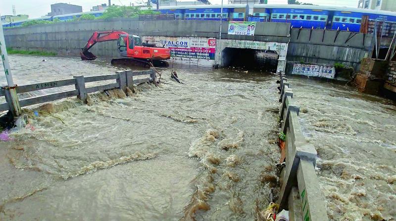 Rail underbridge at Azampura was closed as rains flooded the underbridge making it difficult for people to ply on the road on Sunday. 	(Photo: DC)