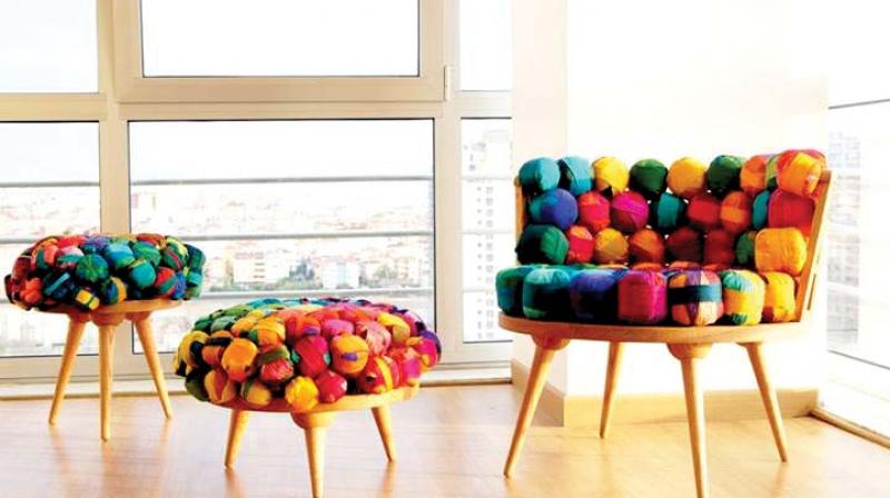 Recycle old saris or fabric as tiny  cushions to brighten up interiors