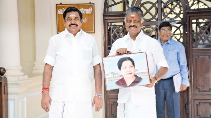 Tamil Nadu Chief Minister Edappadi K. Palaniswami and Deputy Chief Minister O. Panneerselvam before presenting the State Budget 2019-20 in Assembly, in Chennai, Friday.  (Image DC)