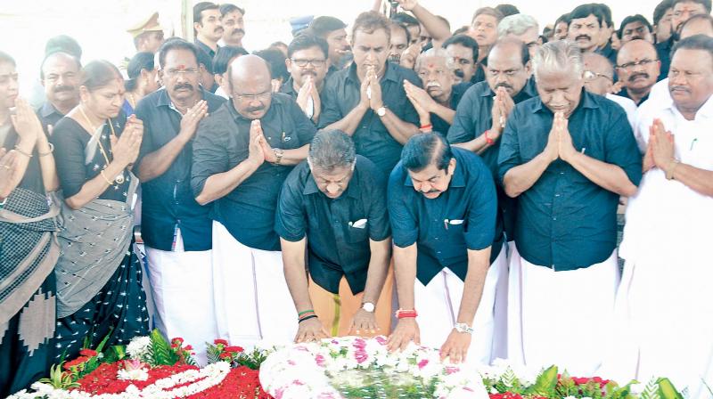 Chief Minister Edappadi K. Palaniswami and his deputy O. Panneerselvam along with senior ministers and AIADMK cadres paid floral tribute to late Chief Minister J Jayalalithaas second death anniversary at her memorial in Marina. (Photo: DC)