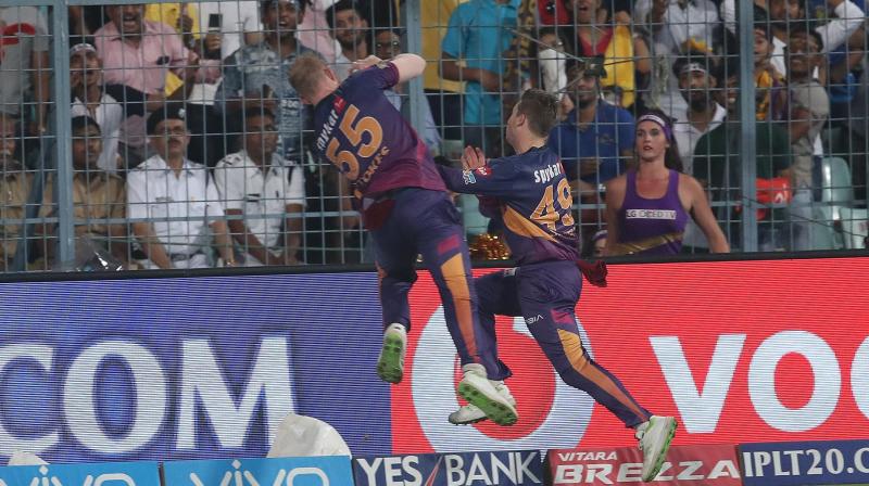 Ben Stokes and Steve Smith collided on the pitch, while attempting to take a catch against Kolkata Knight Riders. (Photo: BCCI)