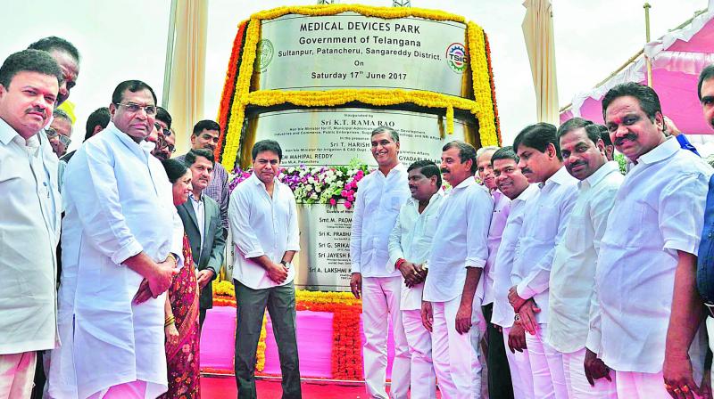Ministers K.T. Rama Rao and T. Harish Rao inaugurate the medical devices park in Sultanpur village, Ameenpur mandal of Sangareddy district on Saturday. (Photo: DC)