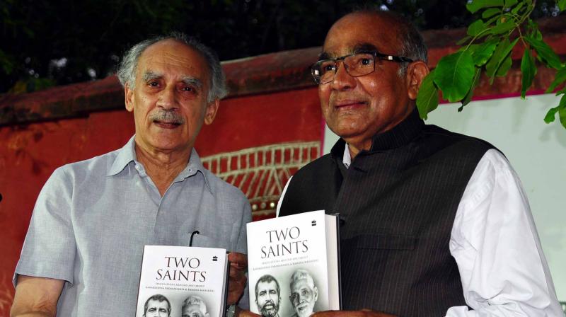 Writer and former minister Arun Shourie at the launch of his book Two Saints  Speculations around and about Ramakrishna Paramahamsa and Ramana Maharshi, with former RBI Governor Y.V. Reddy in Hyderabad on Saturday. (Photo: DC)