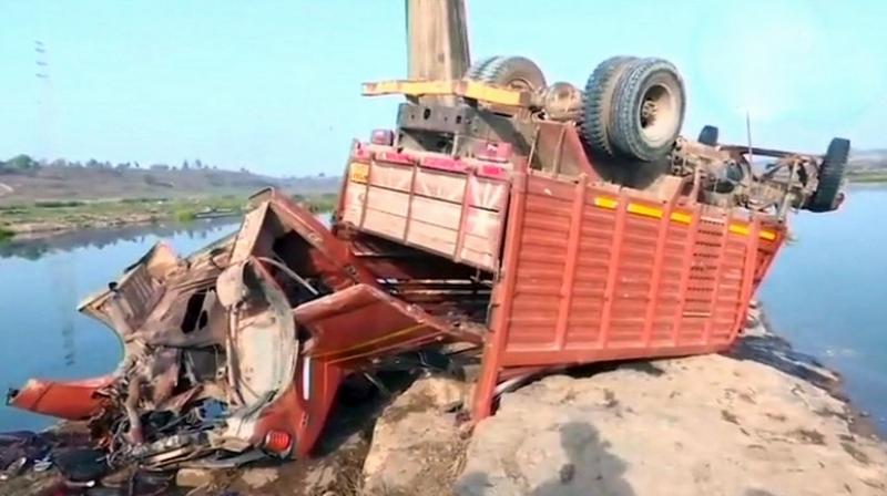 The group of people were headed for a wedding in Sidhi, about 570 km from Bhopal, when the driver reportedly lost control over the vehicle, hit the barrier of the bridge over Son River in Sidhi, and nosedived into the dry riverbed. (Photo: ANI | Twitter)