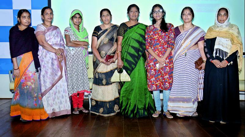 From Left: Ms Sathavathi, Ms Nancharamma, Ms Mamatha a recipient, Ms Rajini, Ms Padma and her daughter Ms Pravalika a recipient, Ms Naga Prabha and Ms Farzana were felicitated on the eve of International Womens day by hospitals in the city on Wednesday.