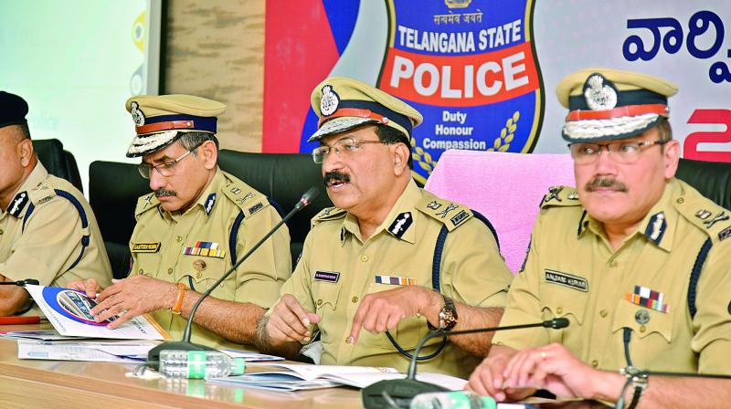 Telangana DGP M. Mahendar Reddy  holds the annual conference at the DGPs office. Hyderabad commissioner of police Anjani Kumar and Director of Telangana prisons, Santosh Mehra  look on. (Image DC)