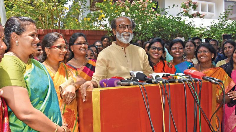 Superstar Rajinikanth who announced his preparedness to face the 2019 Lok Sabha elections, addresses the media outside his Poes Garden residence in the city on Sunday. (Photo: DC)