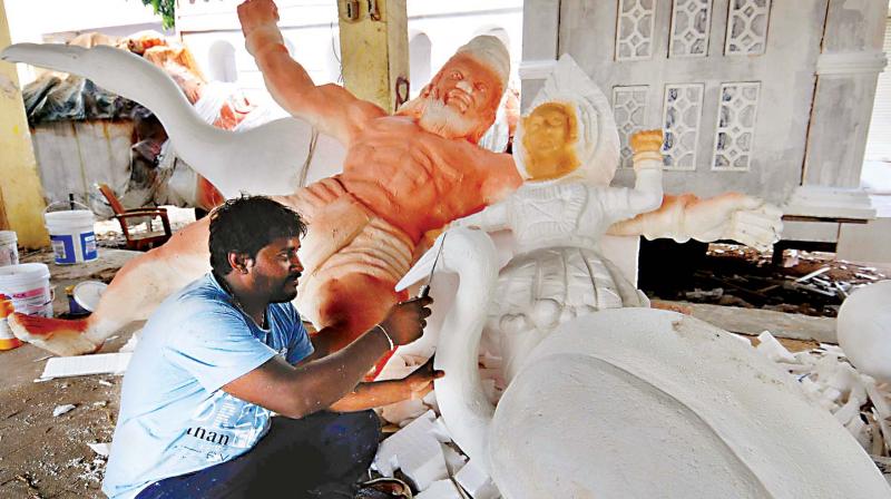 Tableaux being prepared for Jumbo Savari, in Mysuru on Wednesday. (KPN)