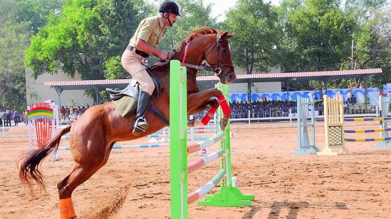 Riders in action at the Shaktiman 35th All India Police Equestrian Championship and Mounted Police Duty Meet being held at the Sardar Vallabhbhai Patel National Police Academy, Hyderabad.