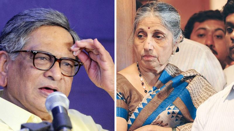 (Left) Former CM S.M. Krishna at a press conference at his residence in Bengaluru on Sunday. (Right) Wife Prema Krishna at the press meet.