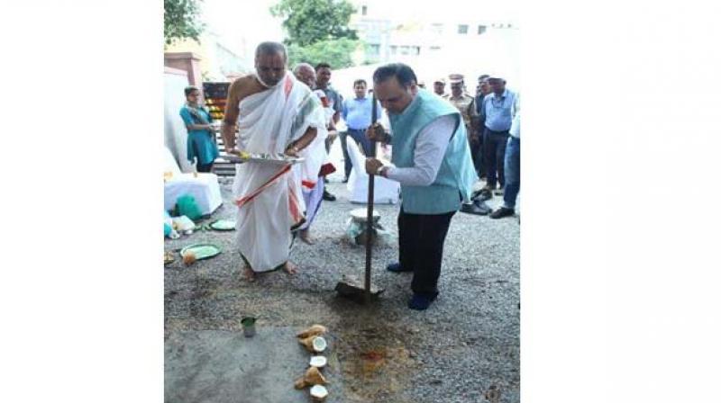 Chief Secretary Dr S K Joshi performs the ground breaking ceremony of the parking facility in Nampally on Saturday.