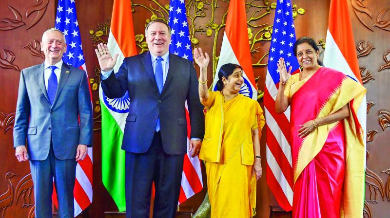 Foreign minister Sushma Swaraj, defence minister Nirmala Sitharaman, US secretary of state Mike Pompeo and US secretary of defence James Mattis pose for a group photo before India-US 2+2 Dialogue, in New Delhi, Thursday. 	(Photo: PTI )