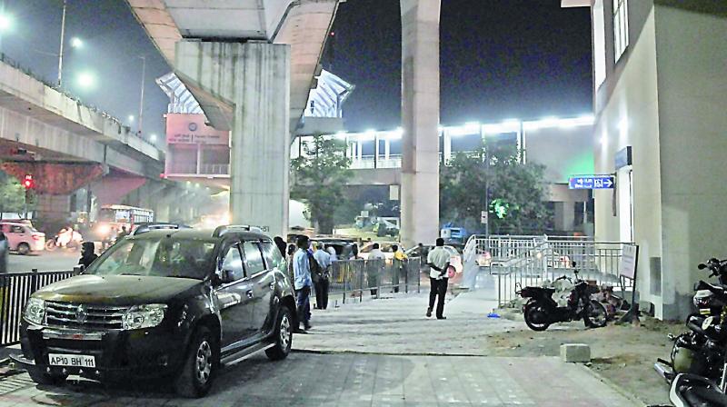 A car is parked at pedestrian area at Parade Ground Metro Station on Sunday. (Photo: DC)