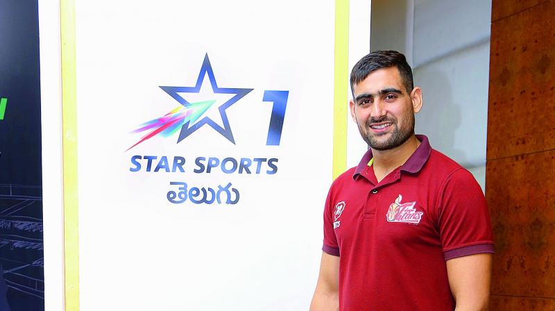 Rahul Chaudhari of the Telugu Titans kabaddi team poses at the channel launch in Hyderabad on Wednesday.