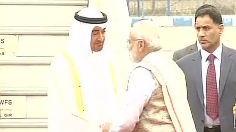 Prime Minister Narendra Modi welcoming Abu Dhabi Crown Prince Mohammed Bin Zayed Al Nahyan. (Photo: ANI Twitter)