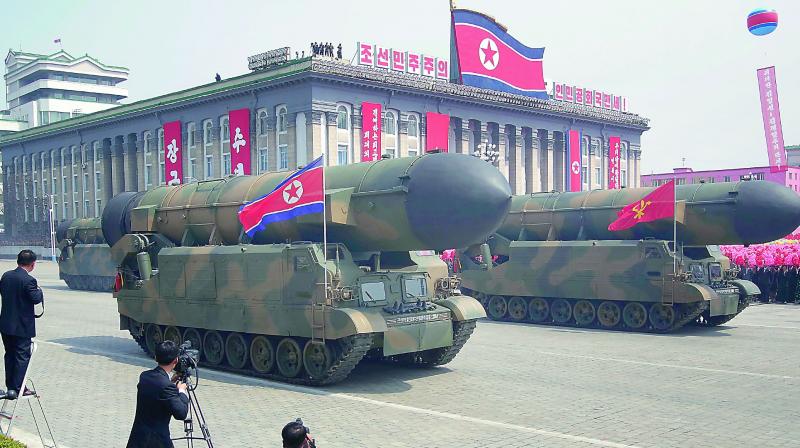 Missiles are paraded across Kim Il Sung Square during a military parade on Saturday in Pyongyang, North Korea. (Photo: AP)