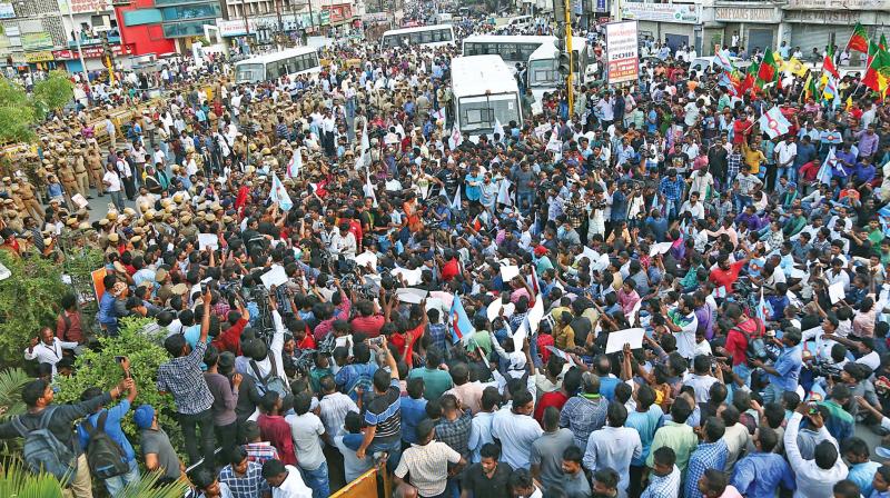 Protests and demonstrations by pro-Tamil outfits outside Chepauk cricket stadium on Tuesday (Photo: E.K.sanjay)