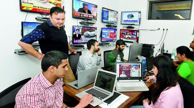 SP president Akhilesh Yadavs war room setup in Lucknow to handle his election campaign, on Thursday. (Photo: PTI)