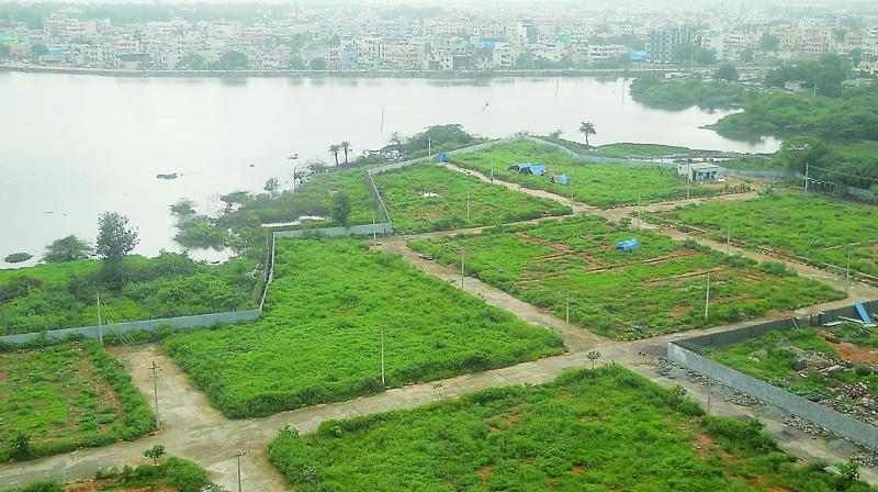 A view of illegal layout coming up at Hasmathpet lake.