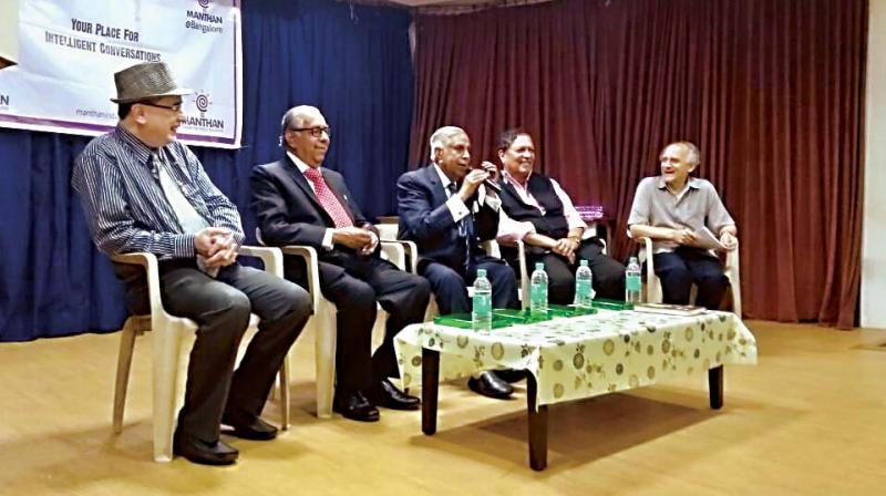 From Right, veteran journalist Arun Shourie, Justices Santosh Hegde and M.N. Venkatachaliah, B.V. Acharya and Dr Ali Khwaja of Manthan at the book launch in Bengaluru on Saturday  (Image: DC)