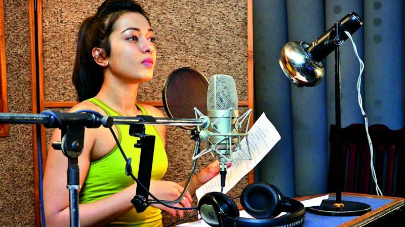 A photo of the actress  dubbing for the film.