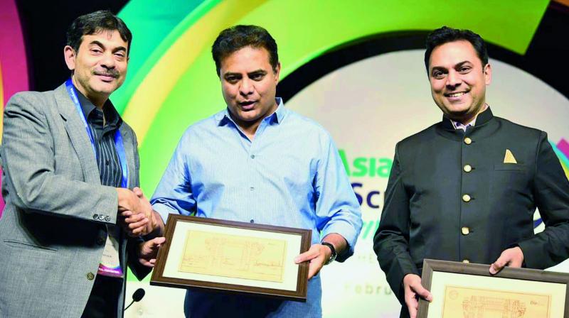 TRS working president K.T. Rama Rao along with Prof. Krishnamurthy Subramanian, chief economic adviser of the Government of India, and Jayesh Ranjan during a Coffeetable conversation at HICC on Tuesday.  (Photo: DC)