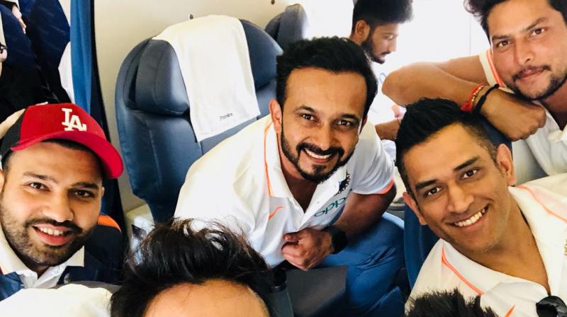 The seasoned Mahendra Singh Dhoni and Rohit Sharma were among the limited overs specialists who left for Dubai on Thursday to take part in the Asia Cup. (Photo: Twitter / Kedar Jadhav)