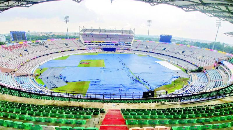 The entire Rajiv Gandhi International Cricket stadium Ground was covered on Thursday, eve of the third Twenty20 to be held at the venue. (Photo: P. Surendra)