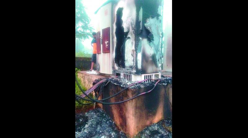 The damaged BSNL signalling tower near Dharakonda under GK Veedhi mandal in Visakhapatnam agency which was set on fire by Maoists on Thursday.