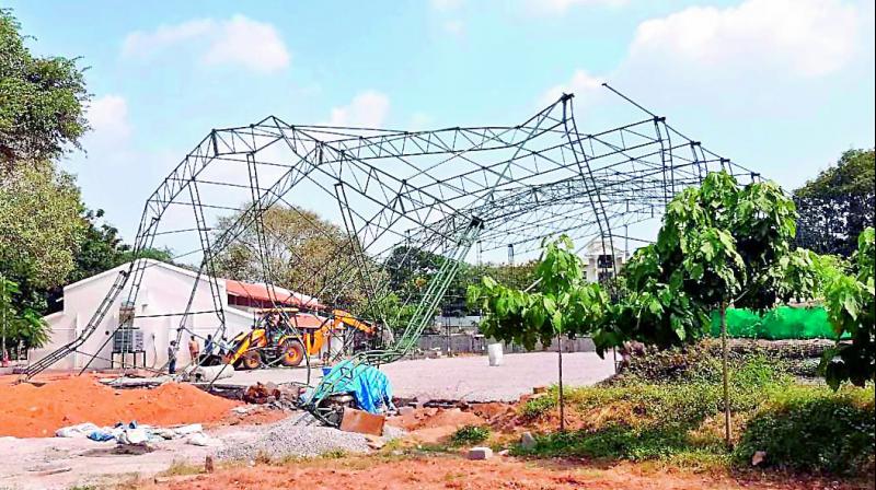 SCB officials on Tuesday demolish a structure which was being constructed at the Secunderabad Club.