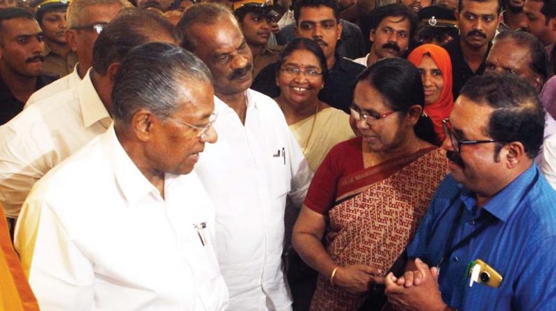 Chief Minister Pinarayi Vijayan interacts with Health Minister K. K. Shylaja and  Koyilandy taluk hospital superintendent Sachin babu  during the inauguration  of the new block of Koyilandy taluk hospital  on Tuesday. MLA K.Dasan is also seen.