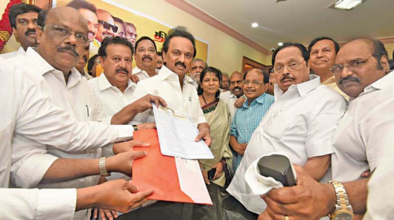DMK working president M.K. Stalin before filing his nomination for the post of party president, on Sunday. (Photo:DC)