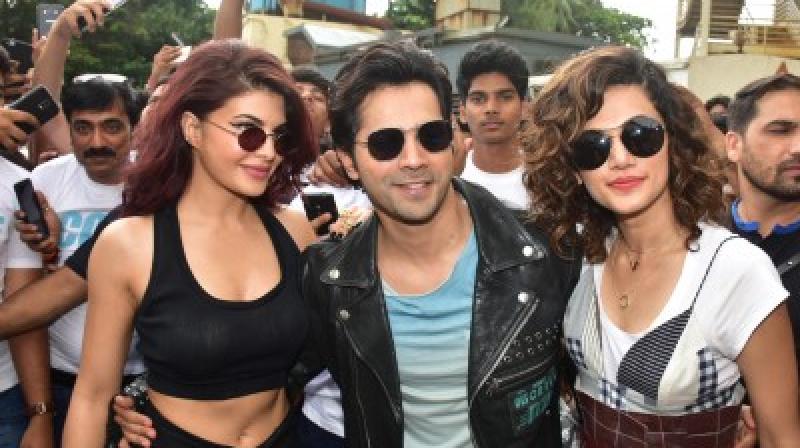 Varun Dhawan, Jacqueline Fernandez and Taapsee Pannu before the trailer launch.