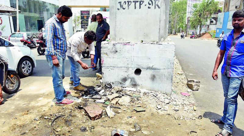 The Metro pillar that Nishith Narayana hit with his car at Jubilee Hills and died on the spot on Wednesday. (Photo: DC)