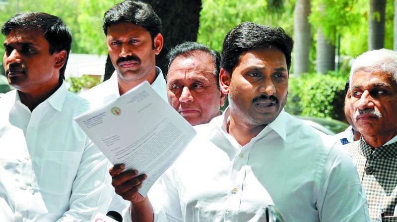 YSRC president Y.S. Jagan Mohan Reddy speaks to the media in New Delhi on Wednesday.