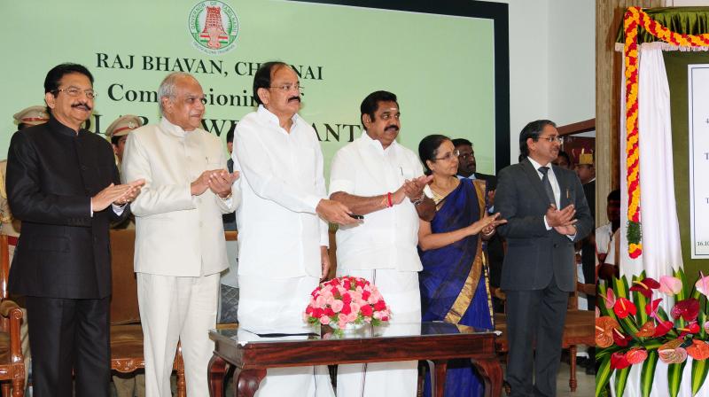 Vice president Venkaiah Naidu commissions  400 kwp Solar Power Plant at Raj Bhavan. TN  governor Banwarilal Purohit, CM Edappadi  K. Palaniswami, Ch. Vidyasagar Rao, Governor of Maharashtra also seen. (Photo: DC)