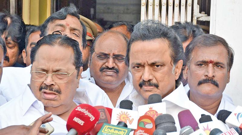 Opposition leader M.K. Stalin addresses the media after  handing over a letter to Assembly secretary for bringing a no-confidence motion against the Speaker (Photo: DC)